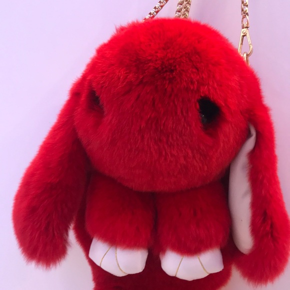 Plush Rabbit Crossbody Handbag Soft Faux Fur Plush Bunny  Bunny Fur Cross body or backpack. Red color